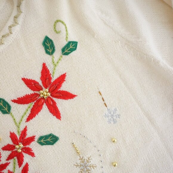 Vintage Holiday Edition Cream Gold Poinsettia Embroidered Christmas Sweater 3X - Picture 10 of 13
